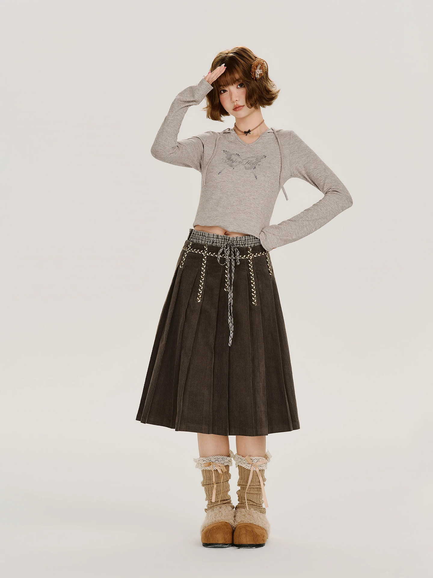 Girlyhalo American Retro Plaid Splicing Belted Pleated  Skirt Women's Autumn New High Waist Mid-Length Skirt