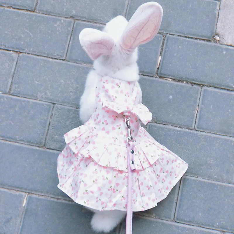 Cute Floral Dress with Leash for Rabbits Summer Pet Clothes Adjustable Bunny Harness Set Soft Cotton Rabbit Slip Dresses