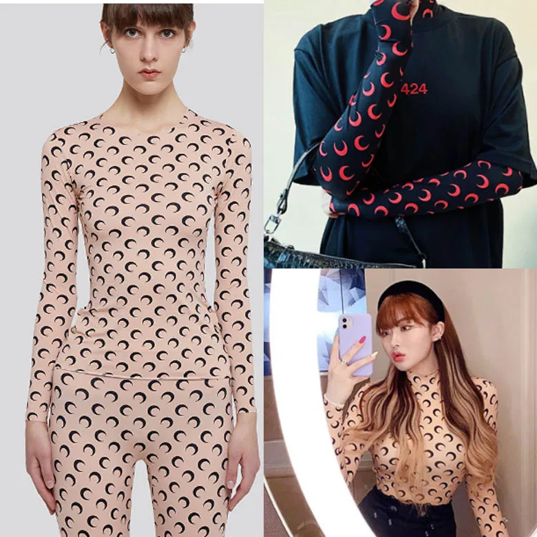 

Kendallmarine Ice Silk Moon Print Thin Women's T-irt Sunscreen Base irt Couple Elastic Slim Fit round Ne Long Sve