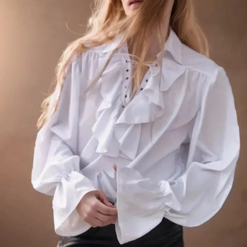 بلوزة القرون الوسطى الفايكنج أزياء الهالوين التأثيرية الخريف قمصان غير رسمية Steampunk كم طويل تكدرت قميص بلوزة الحفلات