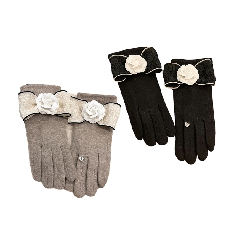 

Girls Bowknot Floral Gloves Elegant Cuff Gloves ScreenTouch Hand Warmer for Lady