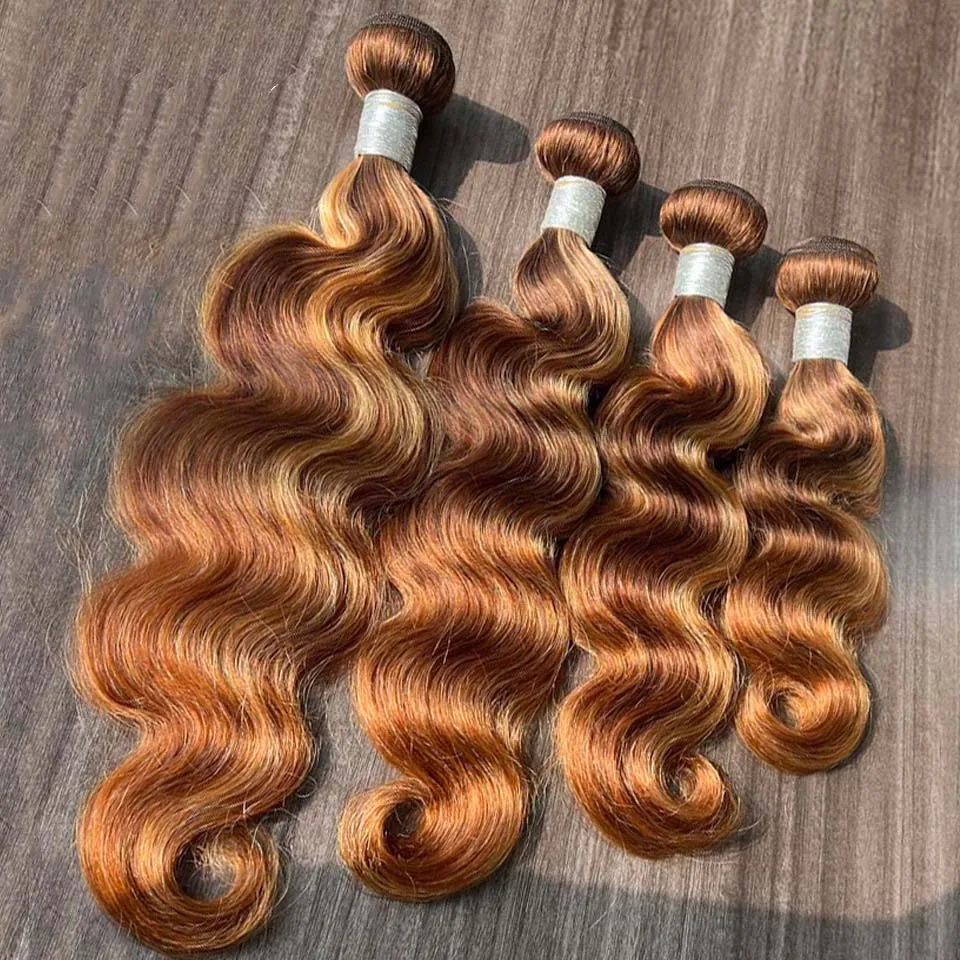 10-30 Inch P4/27 Honey Blonde Highlight Ombre Body Wave Human Hair Bundles Ombre Brown Bundles Colored P4/27 Honey Blonde Brown Highlight Unprocessed Brazilian Raw Virgin Human Hair Bundles Extensions 3 4 Bundles 100g/pc for Black Women