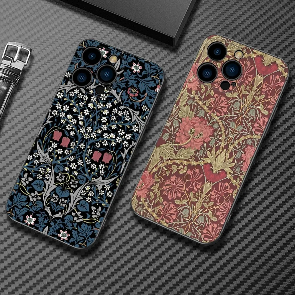 William Morris Strawberry Thief Design Phone Case For iPhone 16,15,14,13,12 Mini 11 Pro XR,XS,MAX Plus Silicone Cover Soft Black