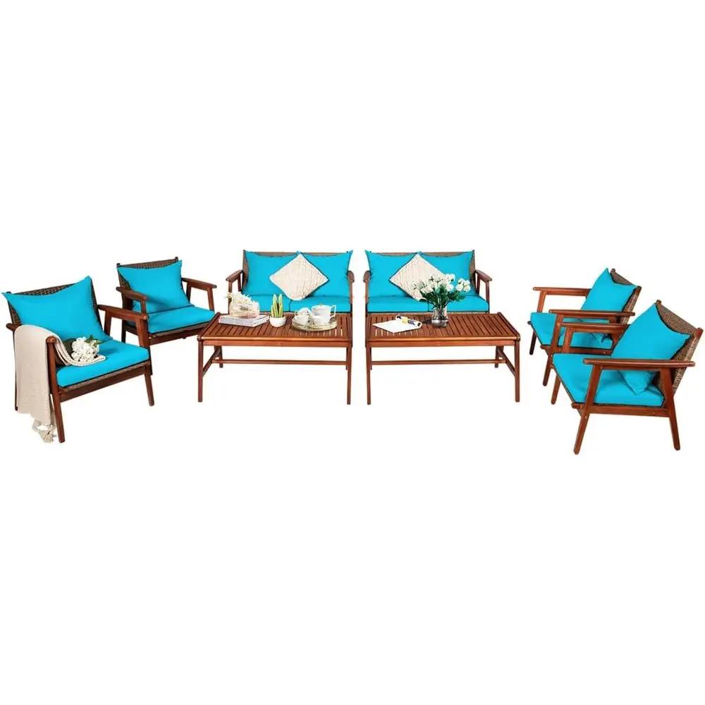 Turquoise 8-Piece Acacia Wood Patio Furniture Set with Wicker Sofa, Coffee Table, and Cushions for Outdoor Spaces