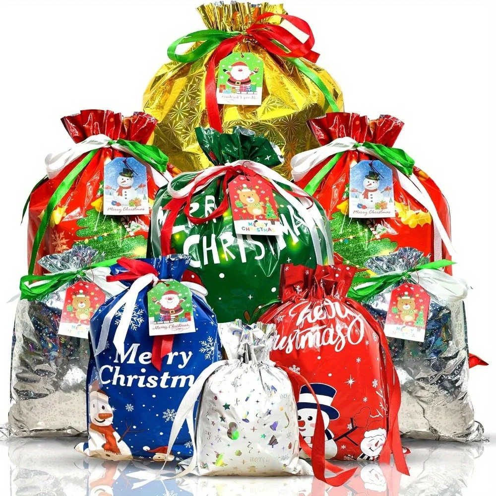 33pcs/set Christmas mixed color drawstring gift bags, various sizes, suitable for Christmas parties and holiday gift packaging