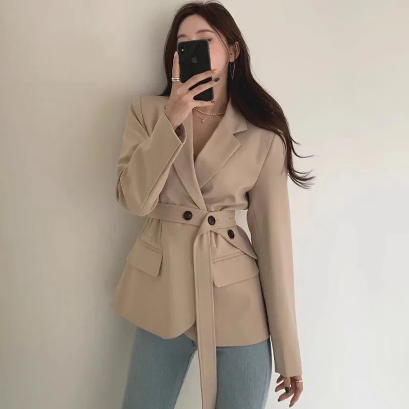 

Korean Notched Collar Single-breasted Long Sleeve Female Blazer Coat Khaki Apricot Black Spring Autumn Women Short Suit Jacket