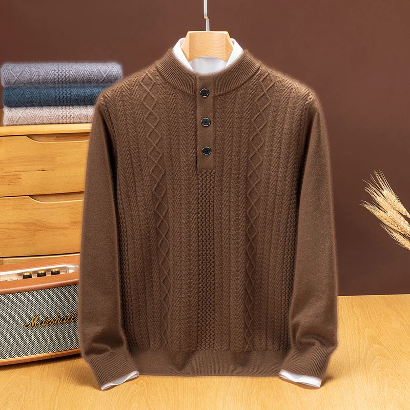 Men Long-Sleeved Pullover Knitted Shirt Autumn Luxury Diamond Pattern Anti-Pilling Round Neck Button Old Money Style Men's Tops