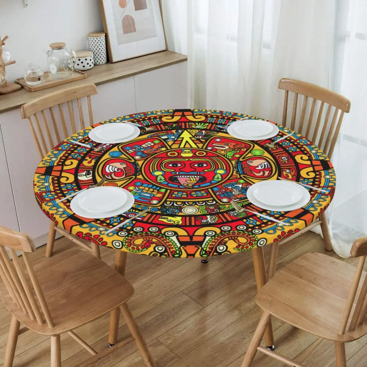 

Round Waterproof Oil-Proof Mexico Maya Aztec Calendar Tablecloth Backed Elastic Edge Table Cover 45"-50" Fit Table Cloth