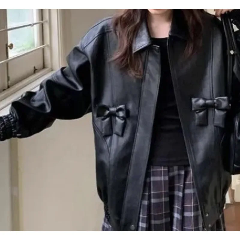 Veste en cuir avec nœud papillon pour femme, manteau à motif de revers, veste fille, fermeture éclair commPiedmont, mode printemps, 2025