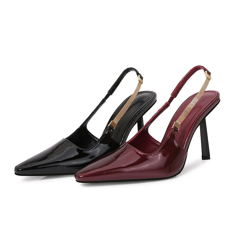 Star style Fashion Patent Leather Slingbacks Women Pumps Elegant Square toe Metal Chains High heels Summer Office Dress Shoes