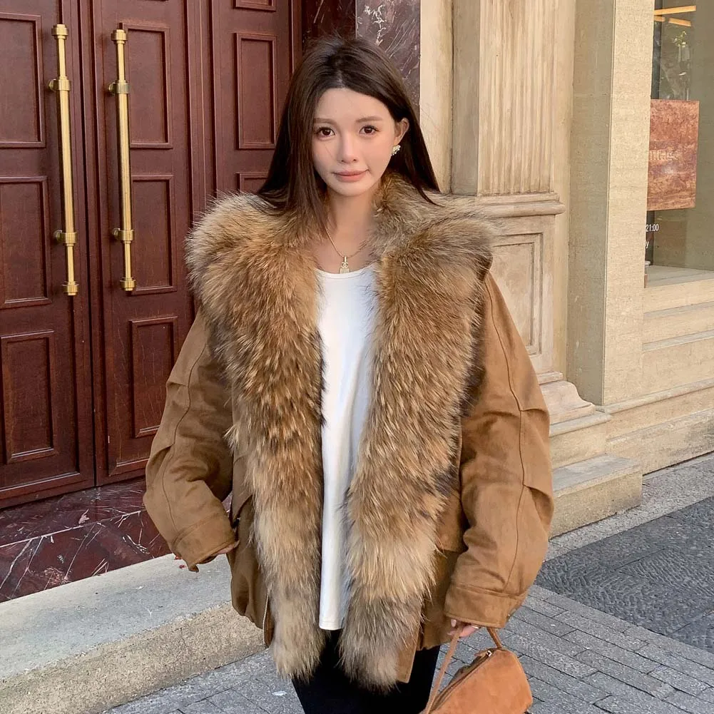 Chaqueta de piel de invierno para mujer, chaqueta acolchada con cuello de piel de zorro auténtica grande, Parkas holgadas y cálidas, abrigo de plumas de ganso para mujer