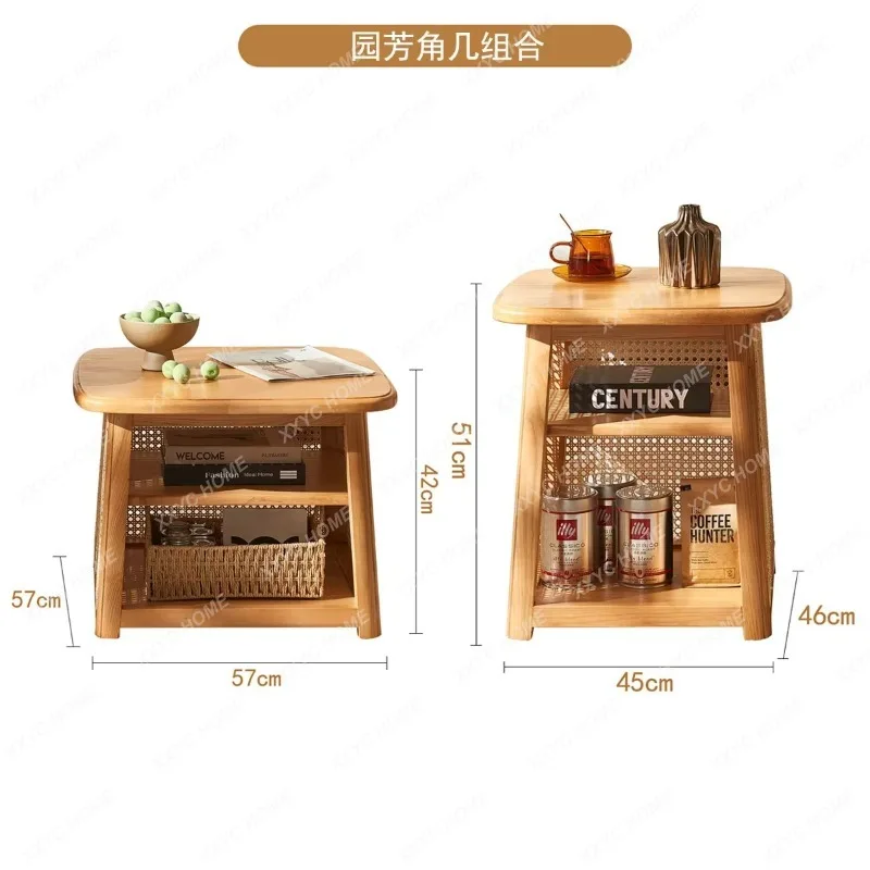 HH size high and low combination retro solid wood rattan square edge few small low table
