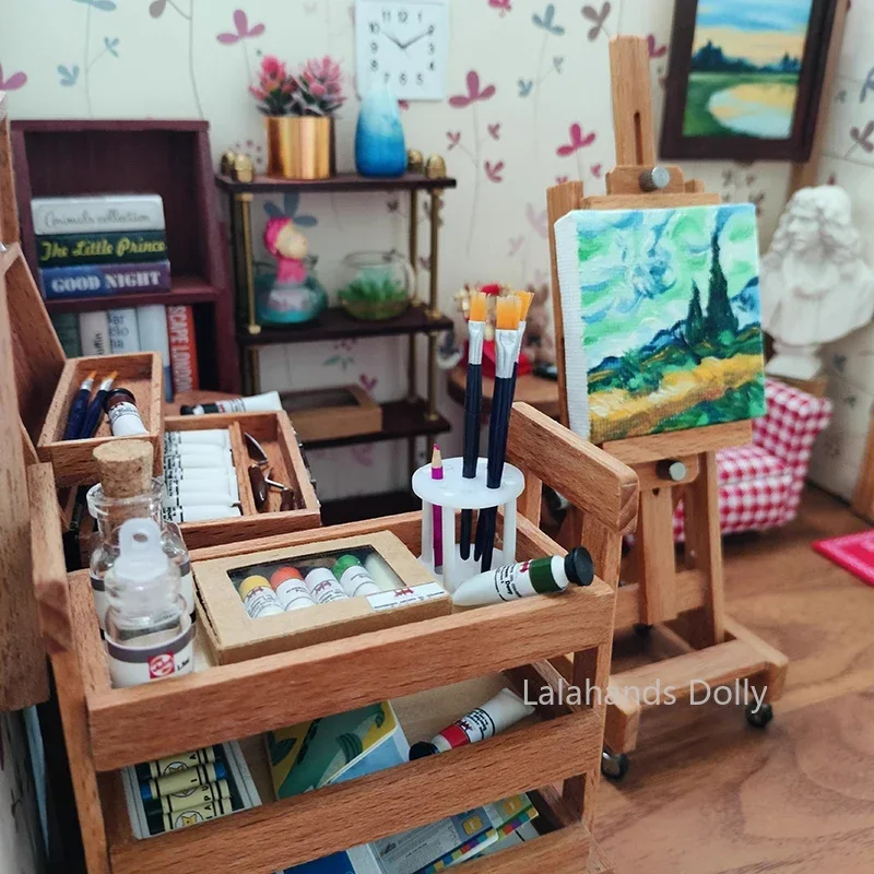 Dollhouse Miniature Furniture Easel Item Mini Palette/paint Pen Holder/oil Brush/oil Bottle/oil Painting Paper/Knife Accessories