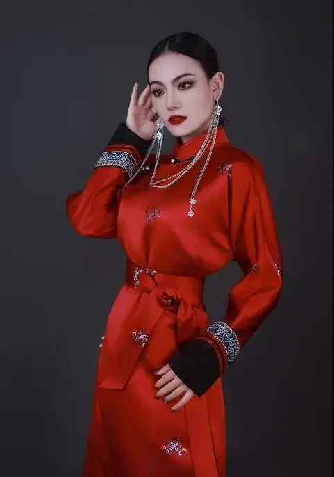 Chinese Satin Mongolian Robe Long Dress With Horseshoe Sleeves And Waistband For Women