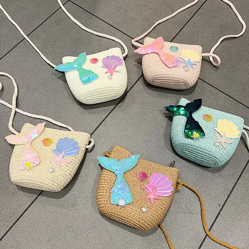 Children‘s Cute Crossbody Bag Rattan Straw Shoulder Bag Boho Beach Woven Handbag Purse Leather Messenger Bag