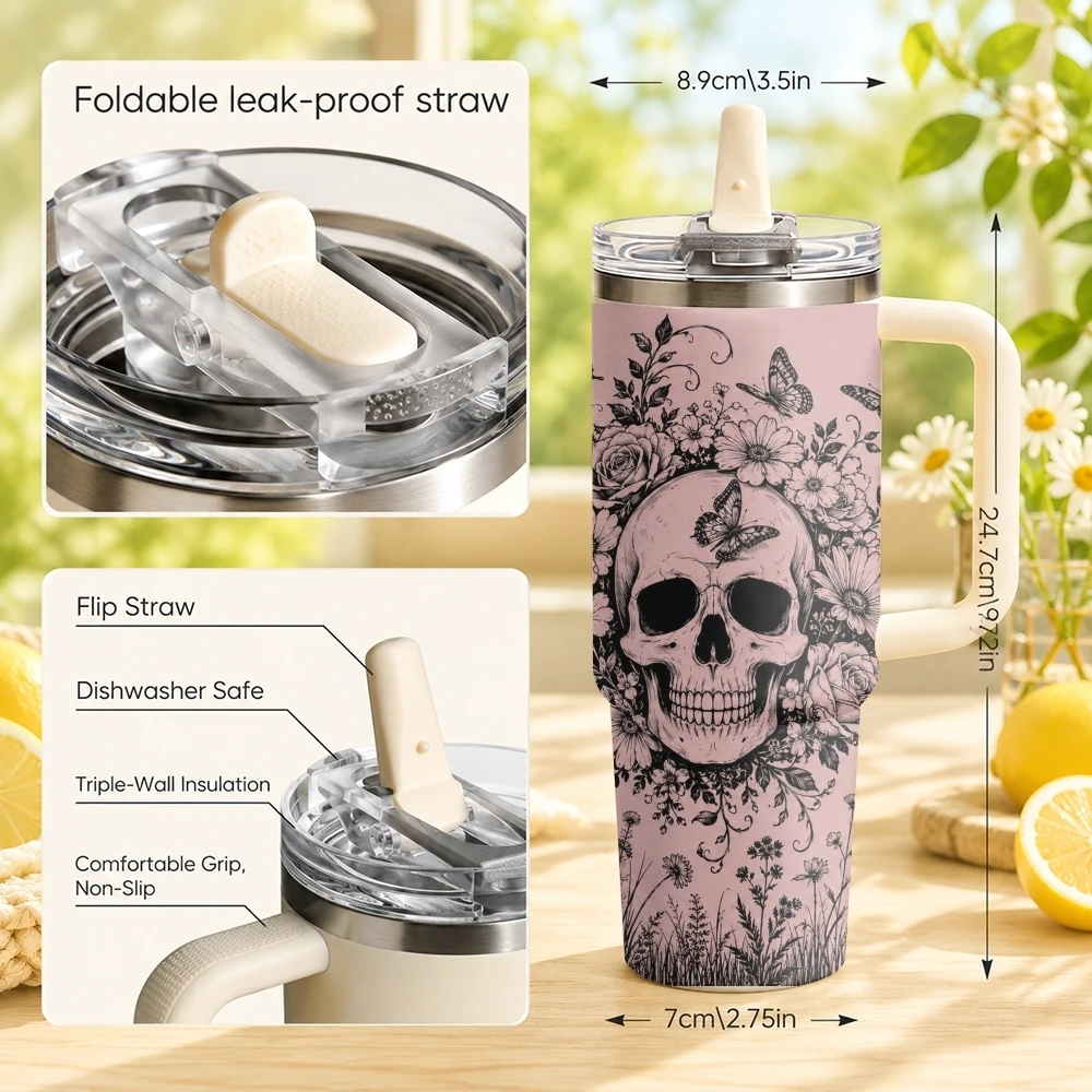Halloween Skeleton Vacuum Flasks 40oz Stainless Steel Tumbler with Handle Straw Lid Vacuum Insulated Double Wall Leak Proof