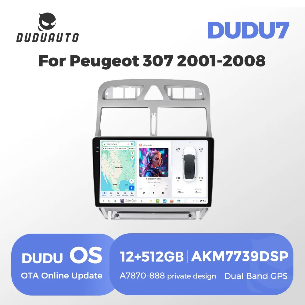 DUDUAUTO Wireless CarPlay Android Auto Car Radio DSP for Peugeot 307 SW 307CC 307SW 2001 - 2008 GPS Multimedia Player Autoraido