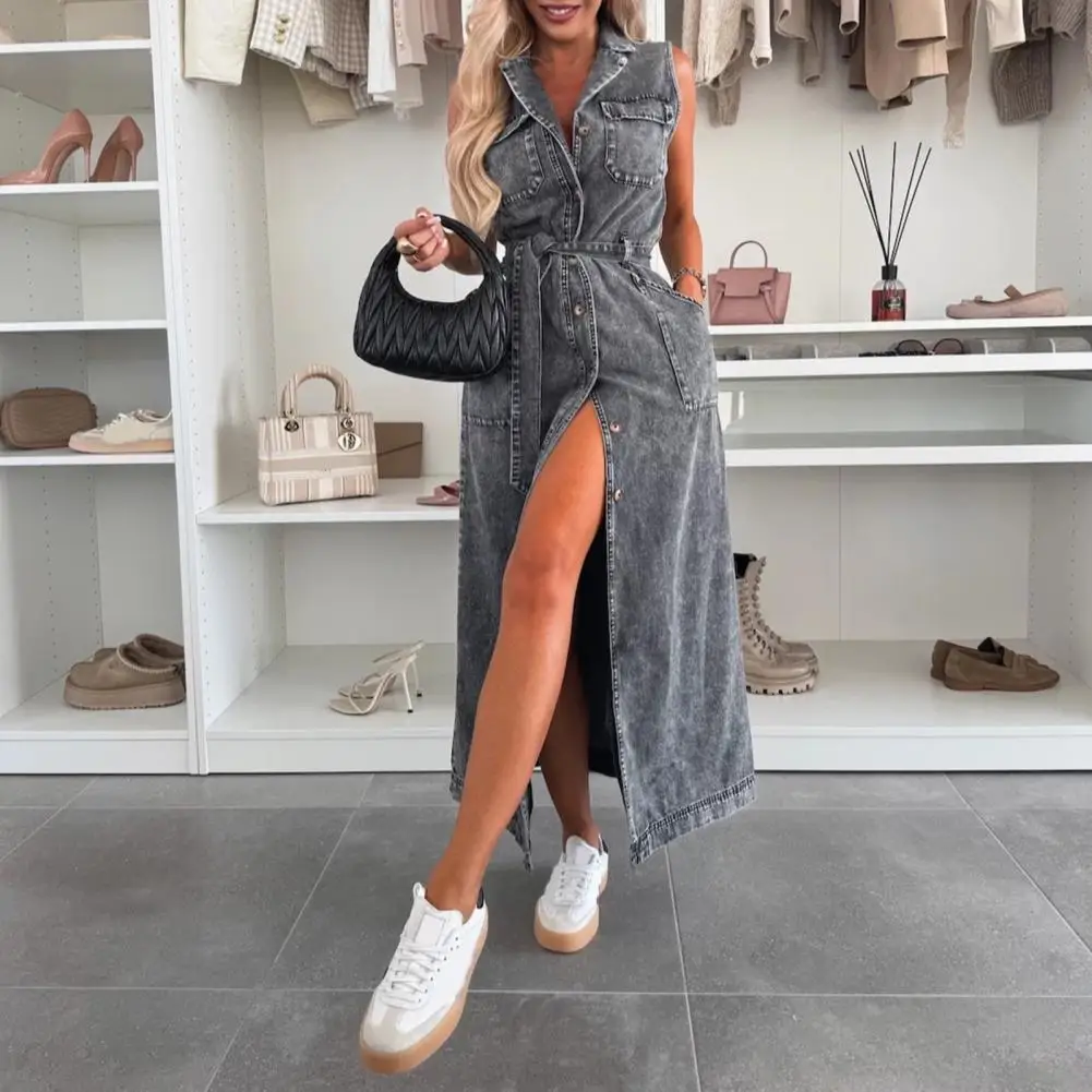 Women Button-down Dress Denim Shirt Dress with Belt V Neck Maxi Dress for Women Elegant Button Down Long Jean with Pockets Lapel