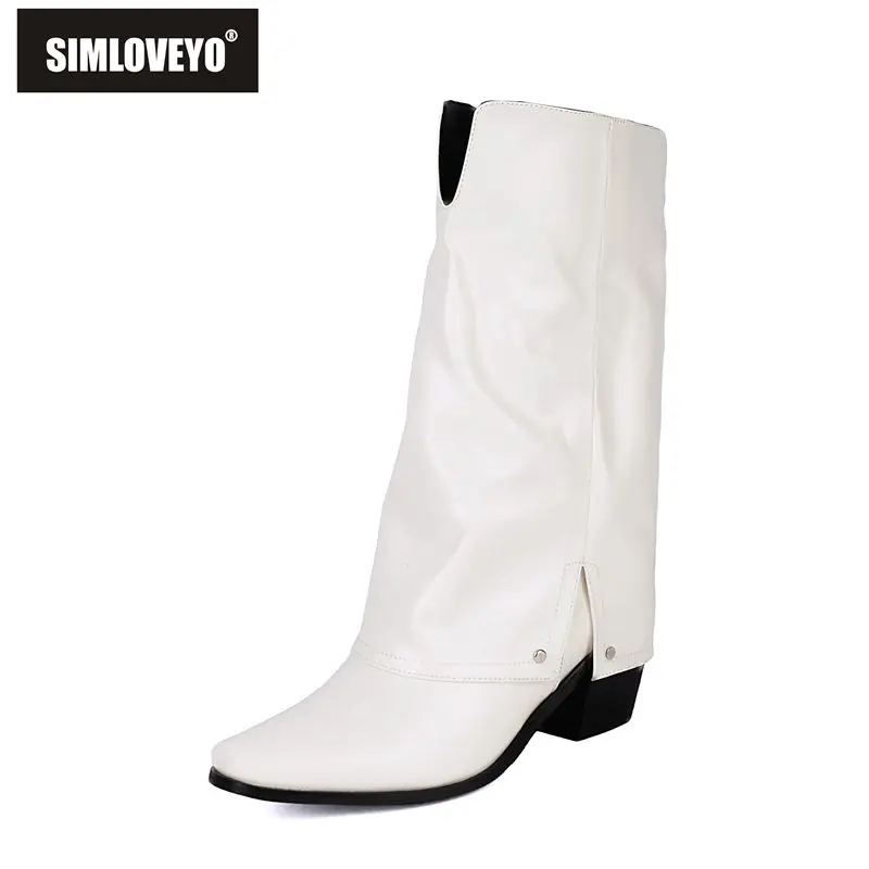 

SIMLOVEYO 2026 Модные женские сапоги до середины икры с квадратным носком на блочном каблуке 6 см, без шнуровки с заклепками, большие размеры 48 49 50 US17 Модные повседневные бота