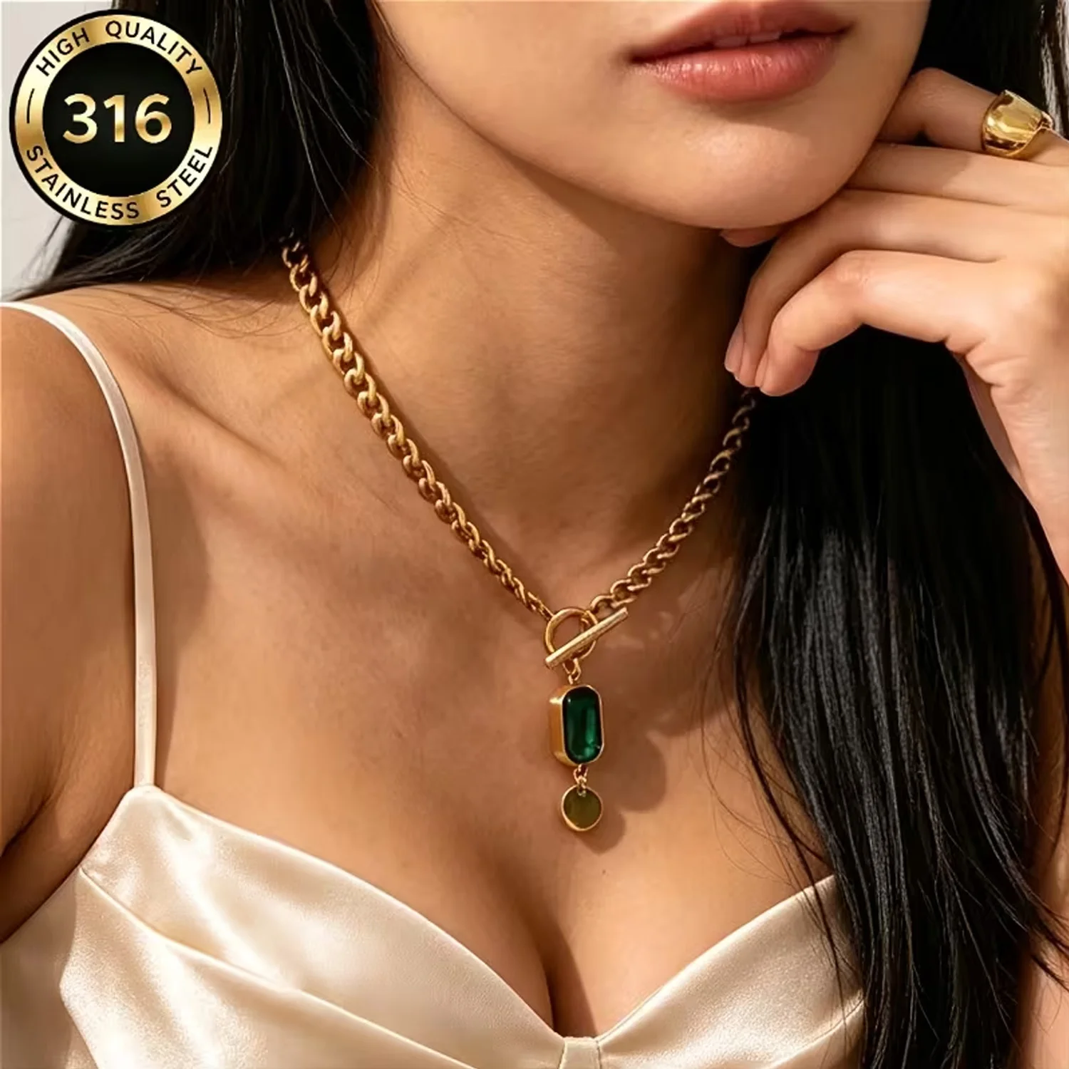 Women's Vintage Cuban OT Thick Chain Necklace with Square Emerald Zircon Pendant Stainless Steel Light Luxury Hip-Hop Gift