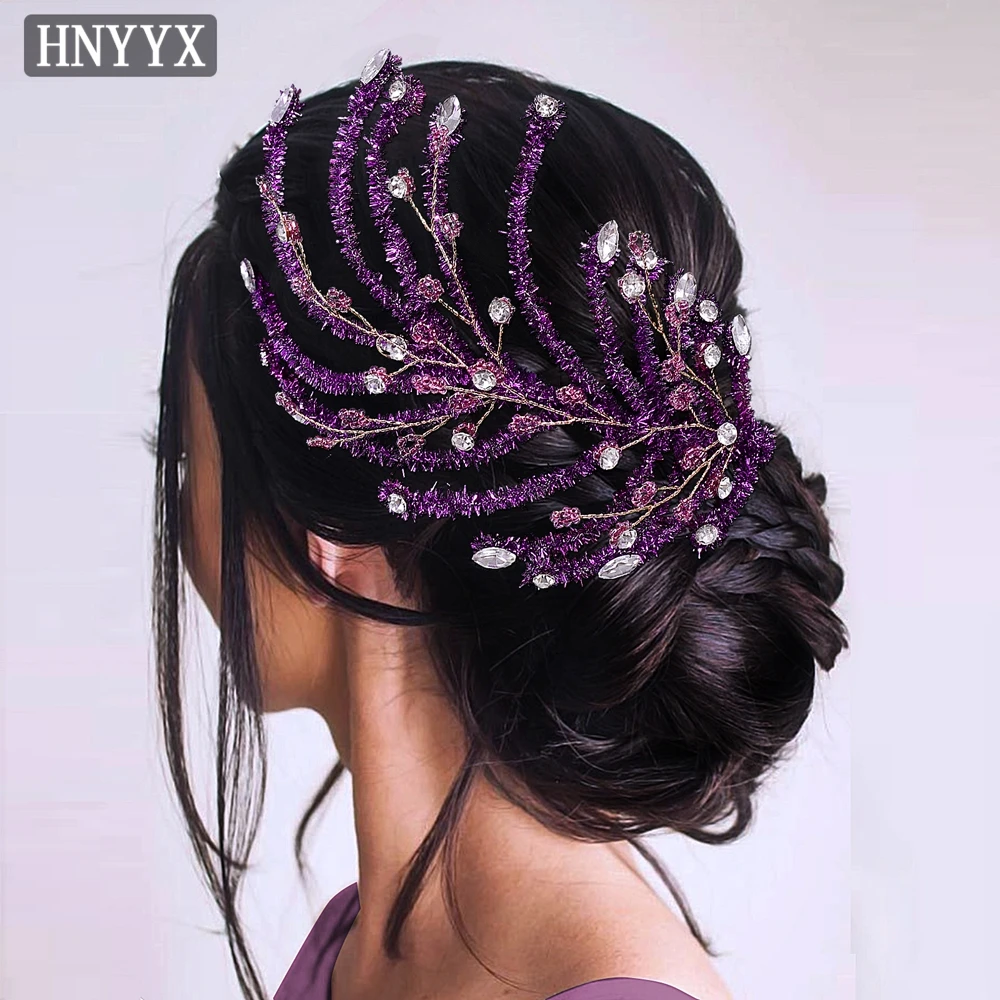 

HNYYX Purple Feather Headpiece Handmade Chenille Stem Headdress Elegant Ladies Headwear Banquet Wedding Hair Accessories A376