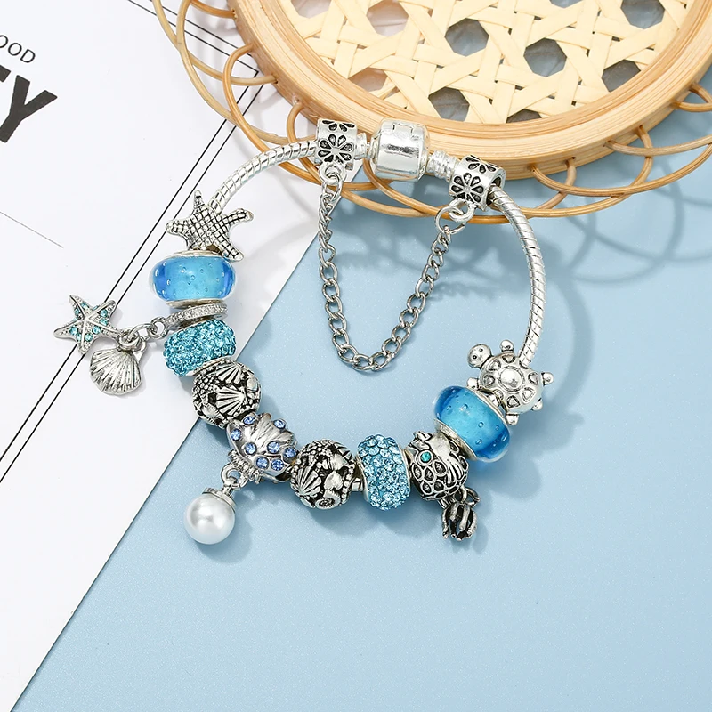 Braccialetti con ciondolo a forma di pesce conchiglia stile estivo con bracciale con perline di tartaruga Color argento per donna uomo ragazza