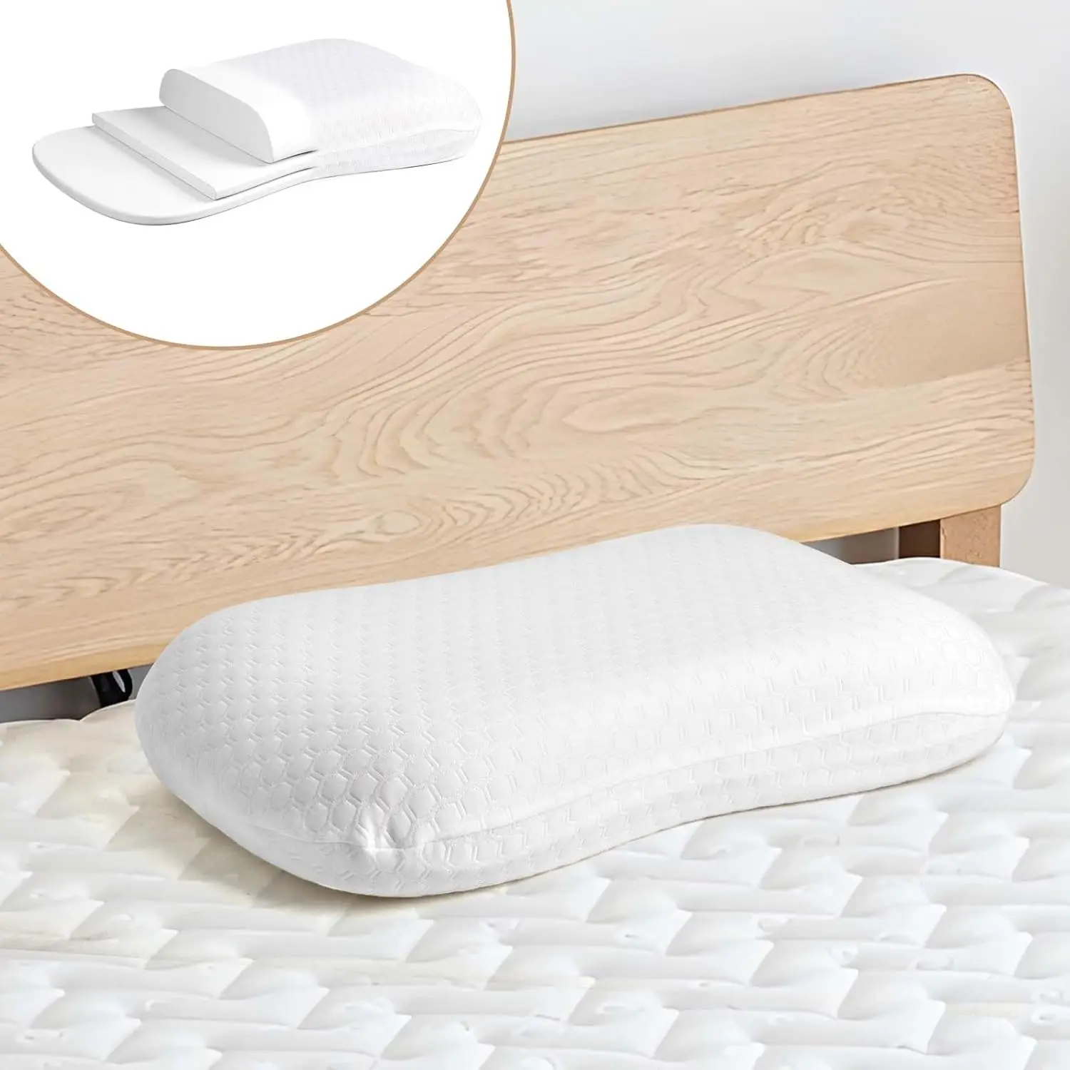 

Подушка для шеи, 3-слойная пена с эффектом памяти, эргономичная для сна на спине/боку/потом, регулируемая, белая