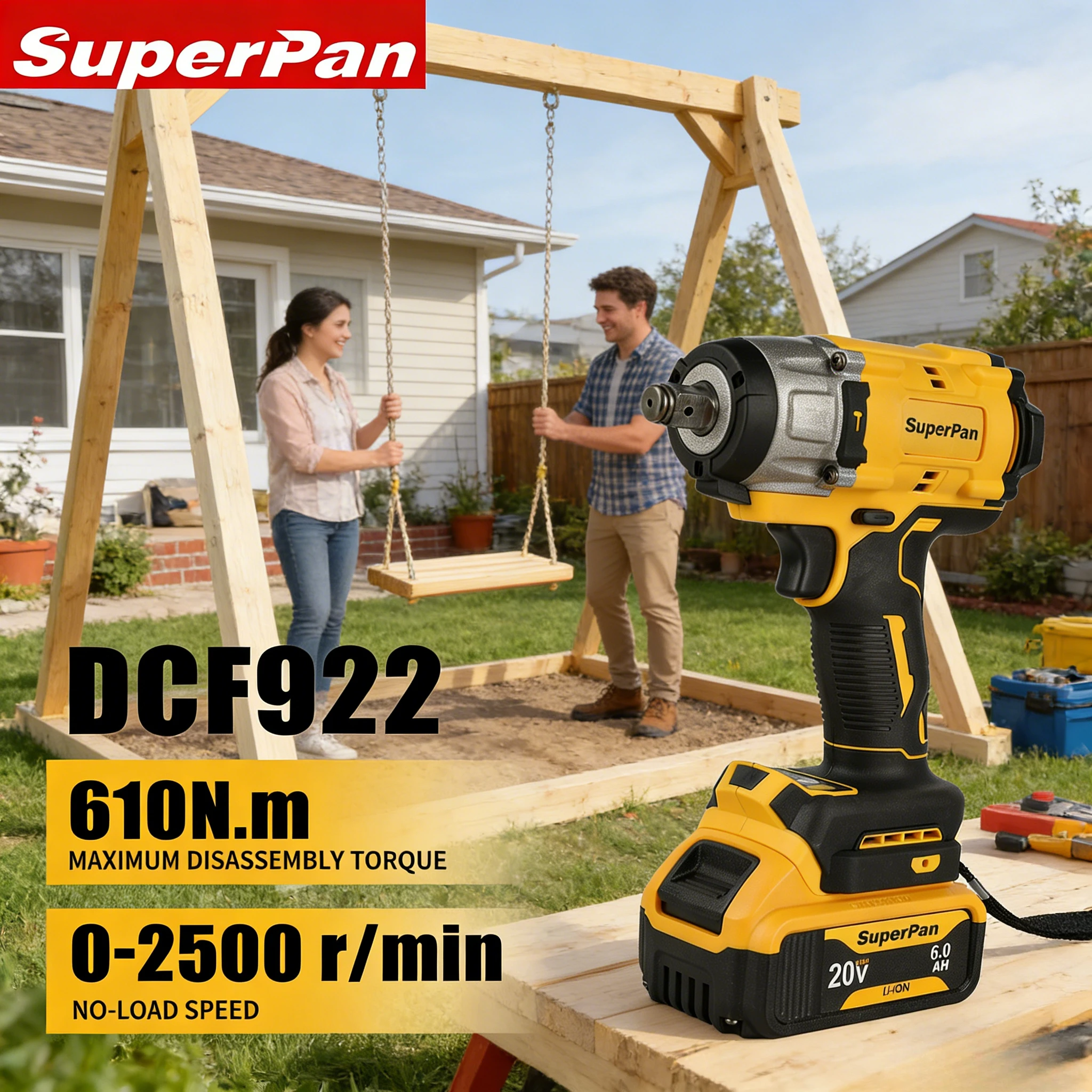 

Аккумуляторный ударный гайковерт SuperPan с высокоэффективным двигателем и защитой от перегрузки, для мастерских, 20В, 610Нм, привод 1/2 дюйма, для Dewalt