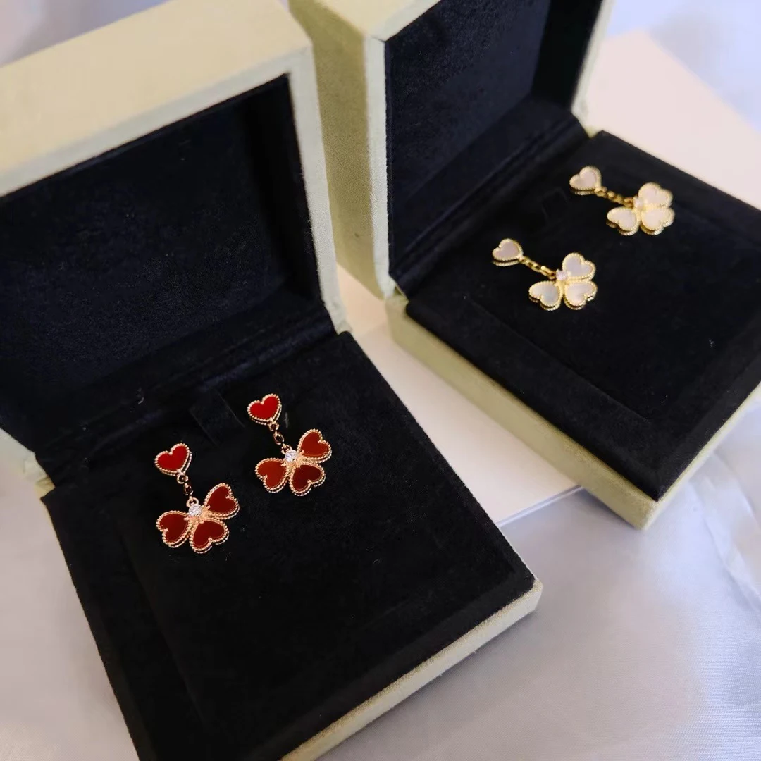 925 Silver Red Four Love Heart shaped Grass Earrings White Fritillaria Earrings Brand High end Jewelry