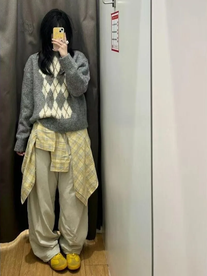 Suéter de Mujer con Patrón de Diamantes Fair Isle, Estilo Hoado, Tejido de Punto, Estilo Dulce, Manga Larga