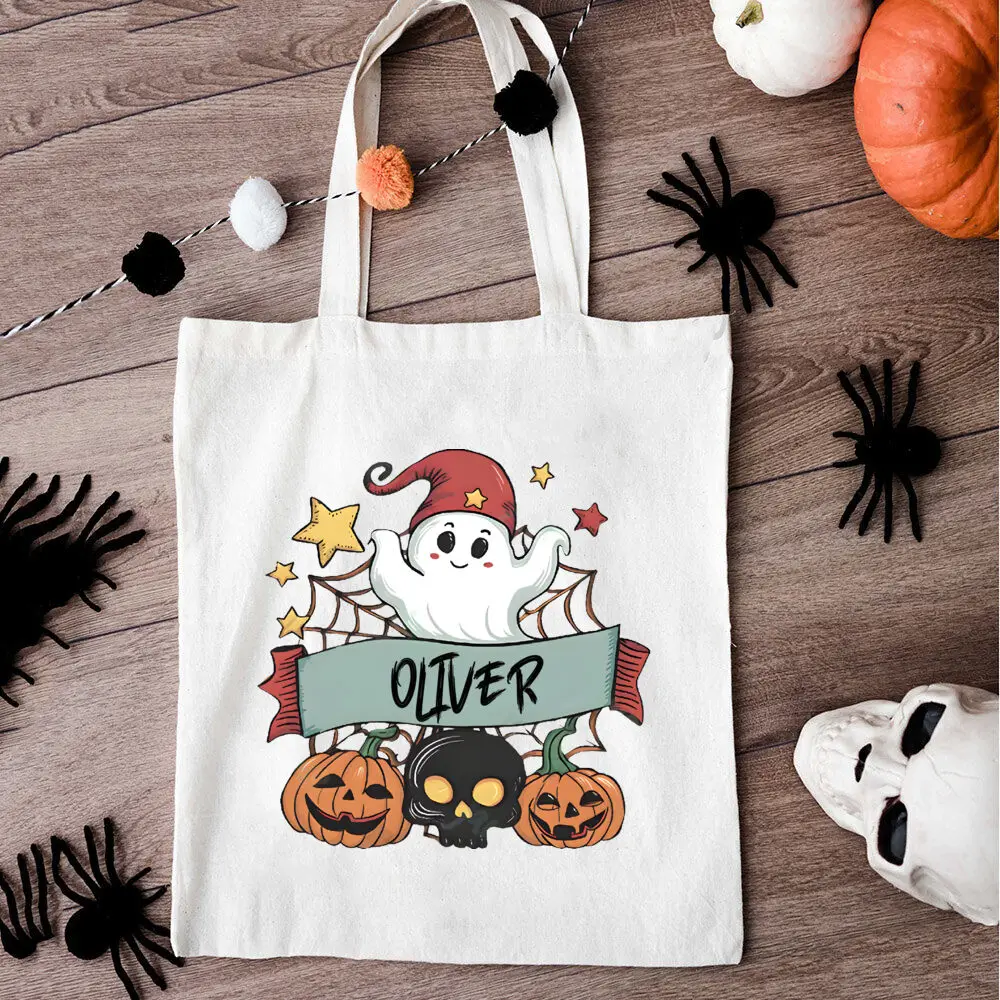 Customized Name Halloween Canvas Tote Featuring a Spooky Pumpkin Design, Perfect for Collecting for candy During The Fall Season