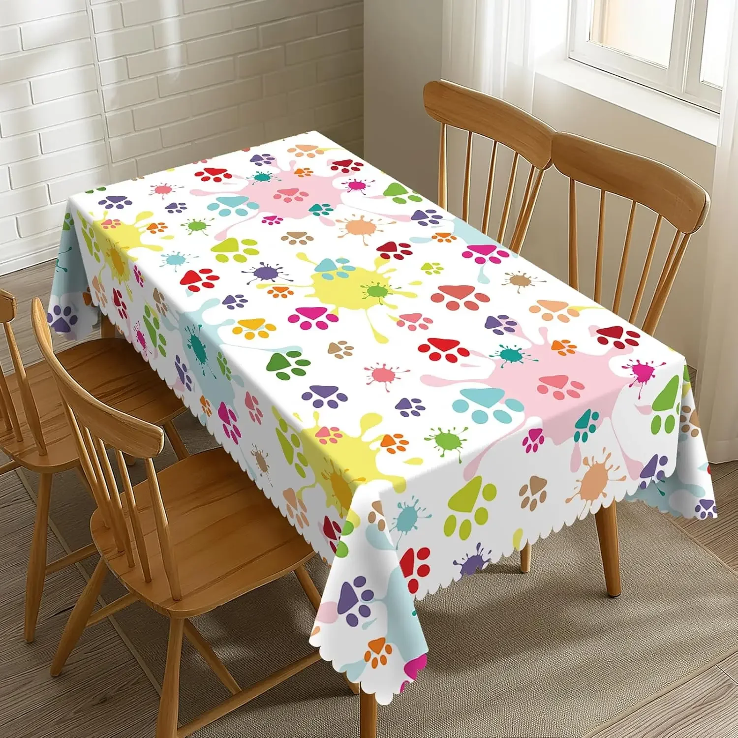 Nappe rectangulaire colorée avec empreintes de pattes amusantes, motif de chiens dessinés à la main, pour la cuisine et la décoration de fête