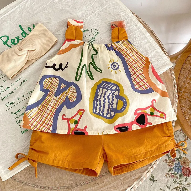 2025 New Summer 0-3Yrs Infant Baby Girls Clothing Set Sleeveless Cotton Printed Vest+Shorts Newborn Baby Girls Clothing Set