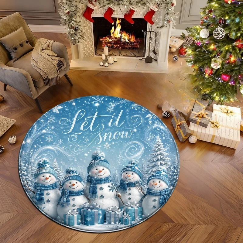 Let It Snow Round Carpet Cute Snowman Gift Box Snowflake Pine Tree New Year Holiday Home Interior Housewarming Decor Present