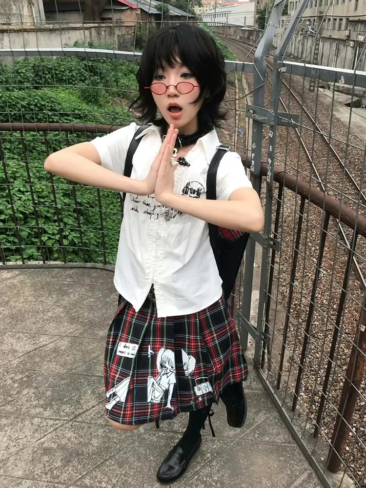 Y2k japonês com decote em v camisa fina moda feminina manga curta camisetas impressão harajuku vintage americano retro 90s casual topos verão