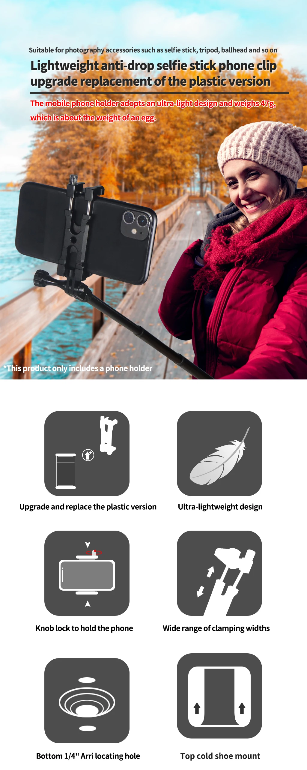 BGNing Handy-Clip-Monitorhalterung aus Aluminiumlegierung mit 1/4-Zoll-Arri-Positionierungsloch, Schnellverschluss für 62–87 mm große Smartphones – Detail 1