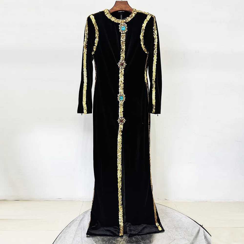 HIGH STREET Newest 2026 Designer Fashion Women's Duty Beaded And Diamond Encrusted Gold Velvet Long Dress