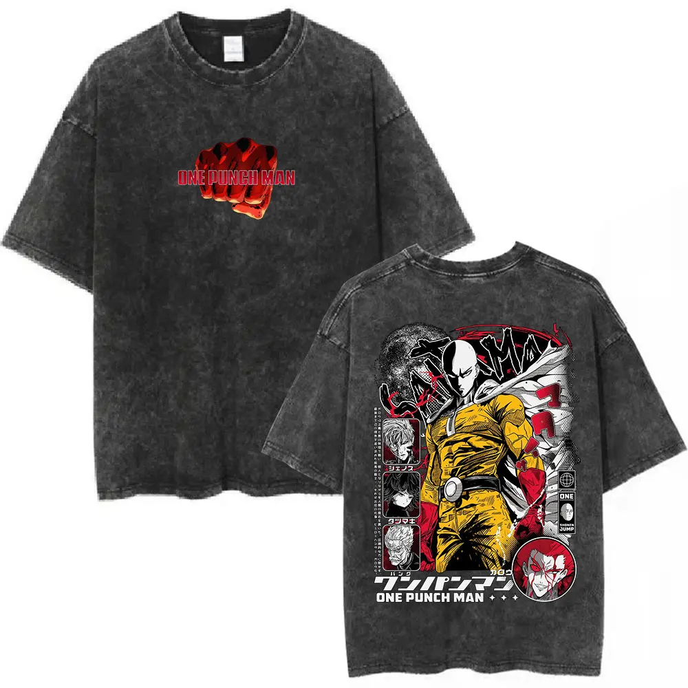 Anime One Punch Man Saitama Vintage Washed T-Shirt Herren Damen Mode Kurzarm T-Shirts 100% Baumwolle Lässige Oversize T-Shirts
