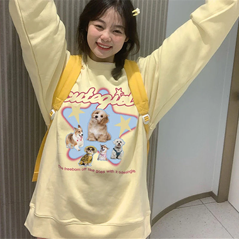 Leisure Youth American Vintage Yellow Star Dogs Cute Y2K Hoodie O-neck Sweatshirt Autumn Winter Loose Harajuku Kawaii Pullover