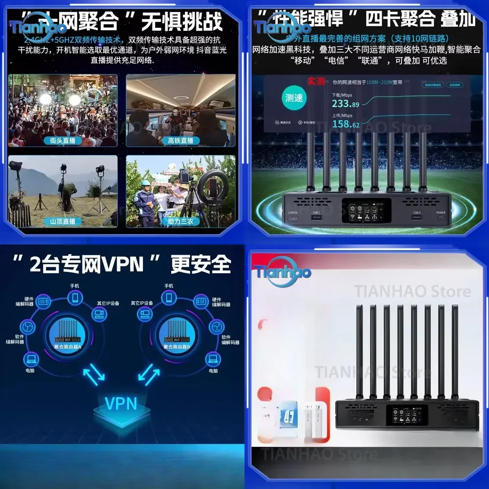 Portable WiFi Router for Live Broadcast Wireless Multi-Card Multi-Network Aggregator with 10-Way Network Superposition for