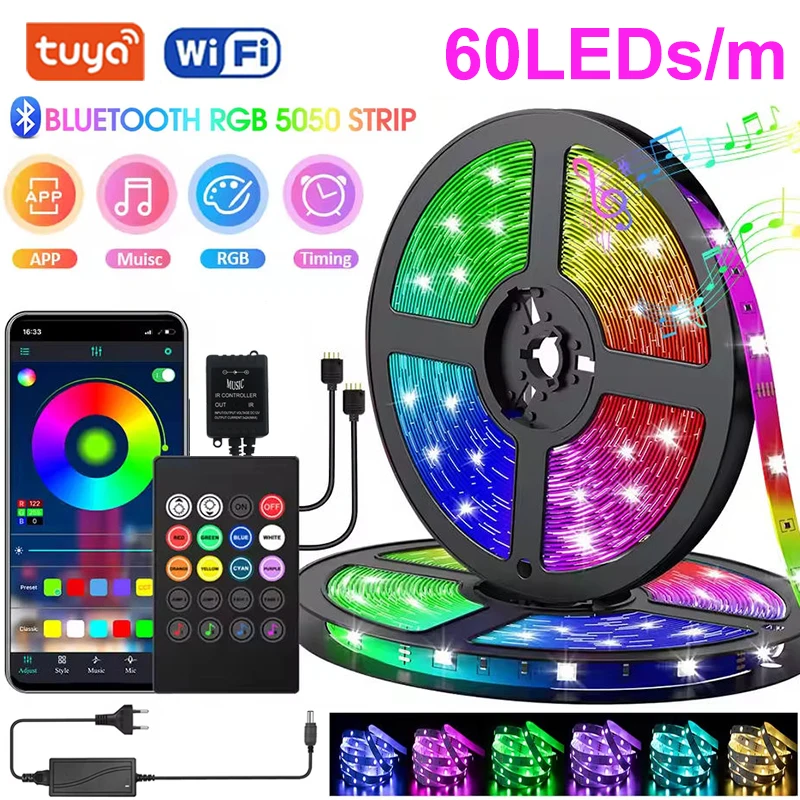

5M Led Strip Lights Alexa Wifi Tuya Rgb Led Tape Light Adhesive Smart Led Lights Strip Bluetooth Led Ribbon Strip 300LED