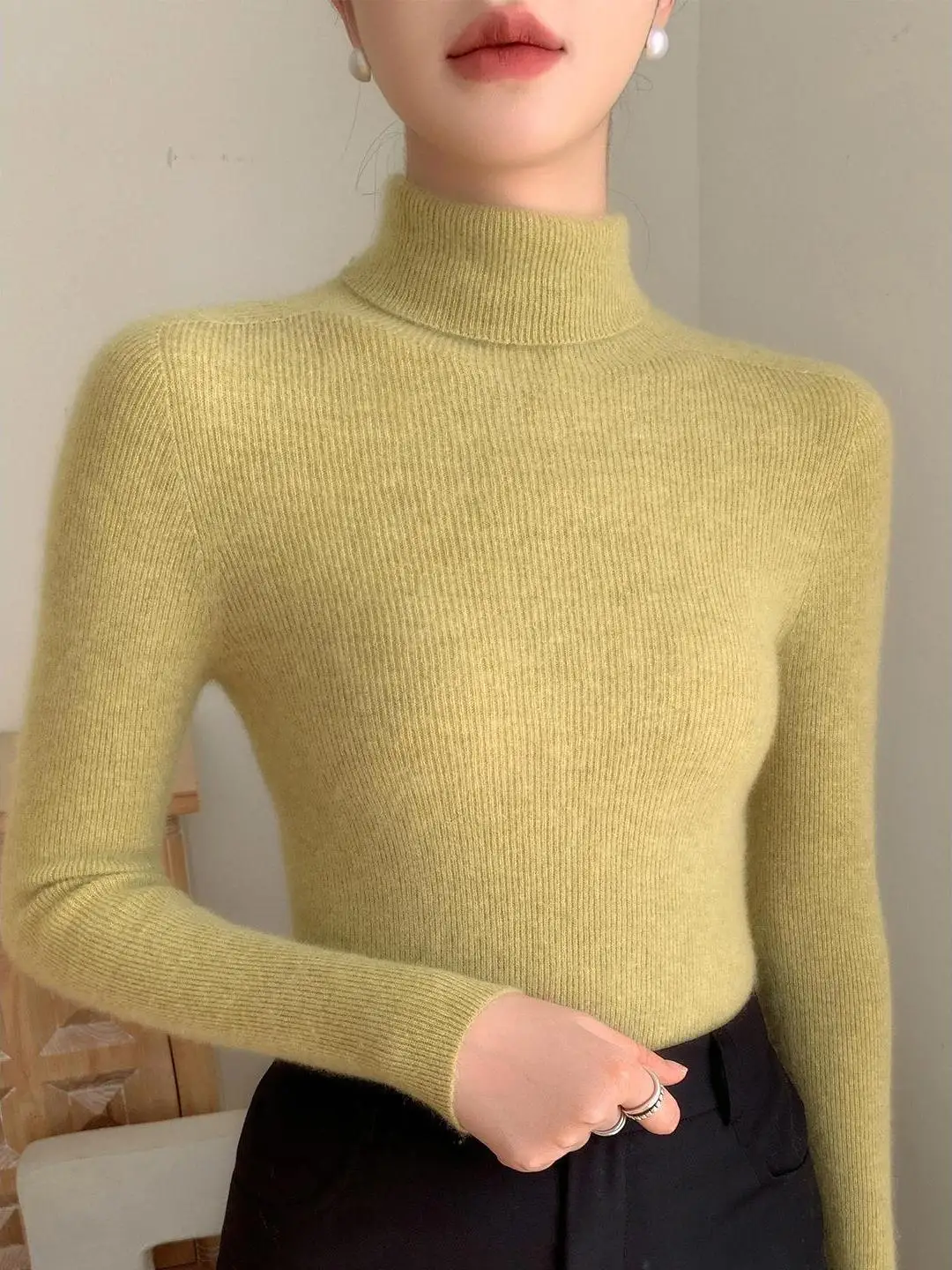 القهوة البني عالية الياقة المرأة قاعدة irt Sl محبوك سترة ثي الشتاء سترة تخفيف Sle نسيج ناعم طويل Sve #3