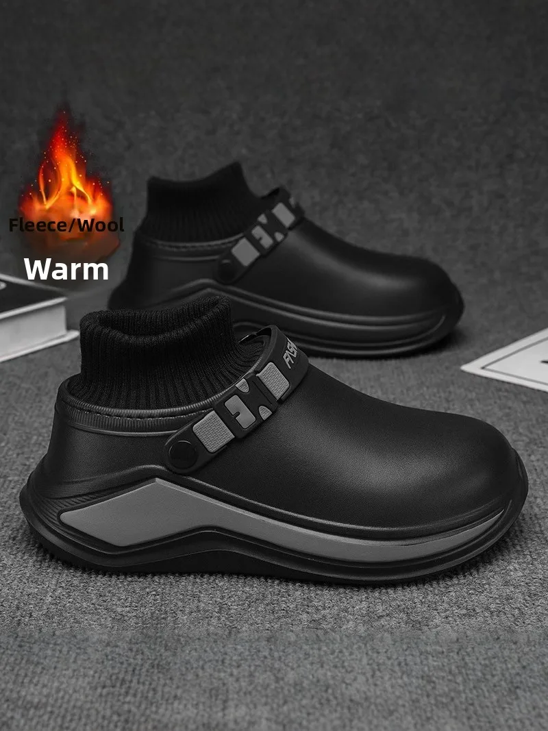 

Men's Cotton Slippers Fleece Lined Thickened Winter Boots Leather Fur Integrated Cold Proof Full Wrap Black Cotton Shoes