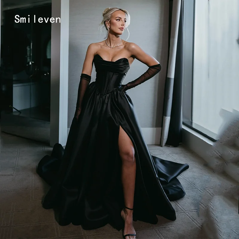 فستان Smileven كلاسيكي أسود على شكل حرف A للحفلات الراقصة أنيق على شكل قلب رداء حفلات رسمي بفتحة جانبية مناسبة مخصصة 2026