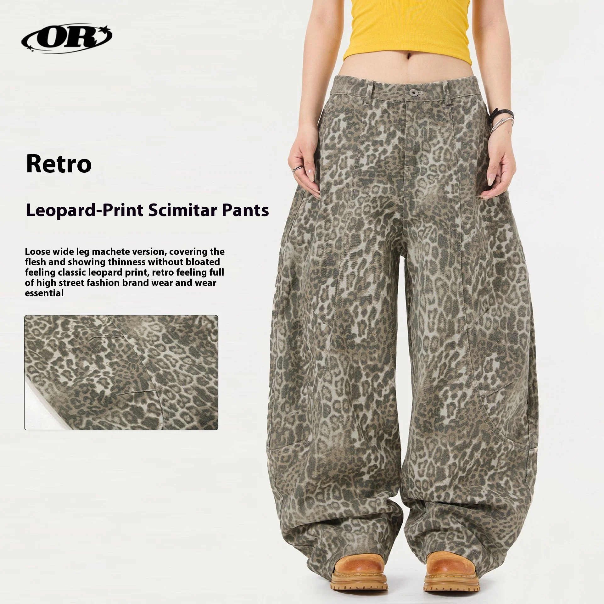 

OR FL American Style Retro Wide Leg Leopard Print Curved Knife Women's 100 cotton Cargo Trousers High Street Casual Pants Y2k