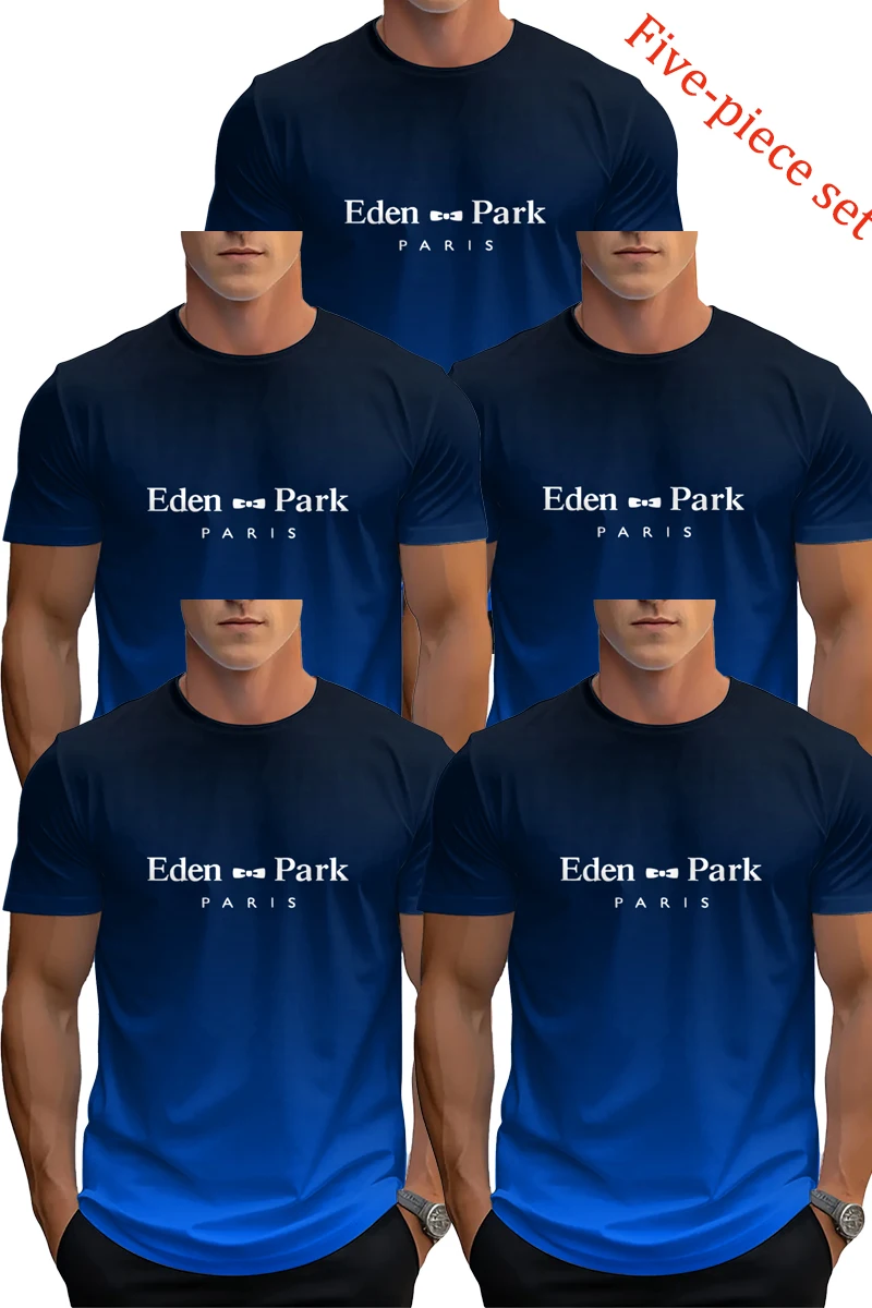 

5 Men's T-shirts summer casual breathable quick drying round neck short sleeves with letter print blue gradient