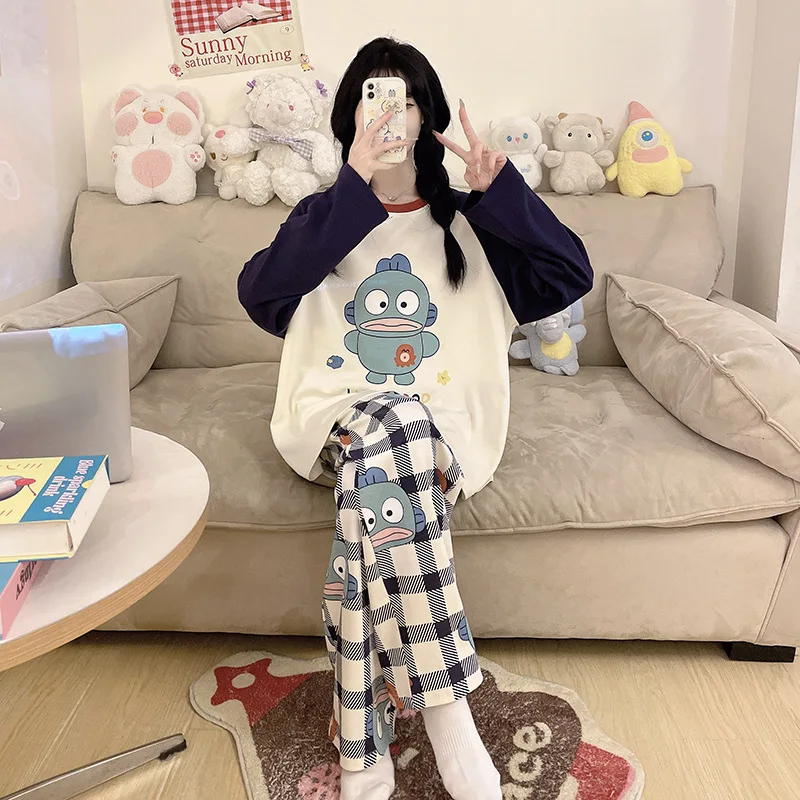 

Женский хлопковый пижамный комплект Hangyodon с героями мультфильмов, весенне-осенний новый милый комплект с длинными рукавами для девочек, брюки большого размера, костюм для отдыха