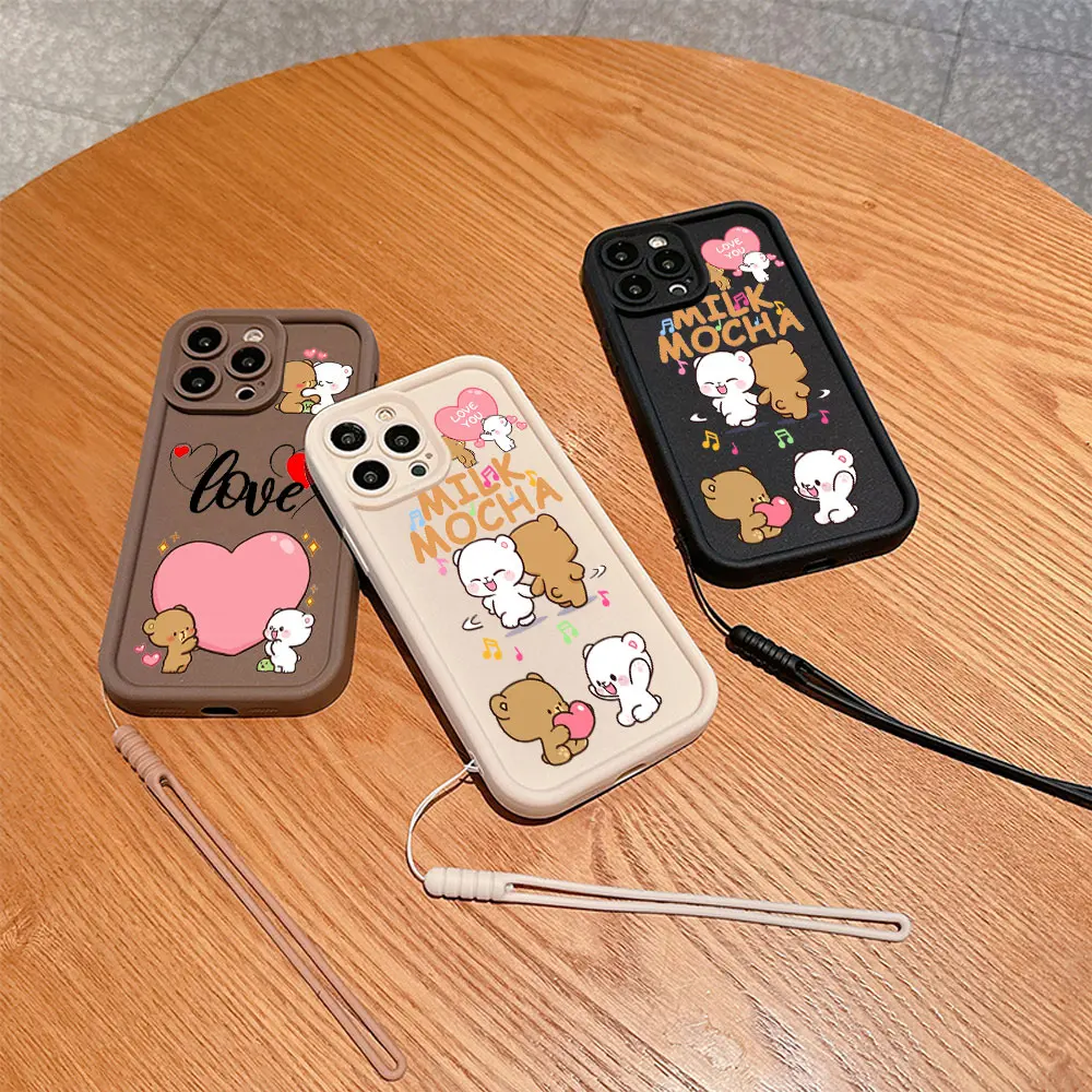 Cute Panda Cartoon Dudu Bubu Phone Case For IPhone 15 14 13 12 11 Pro Max Mini XR XS X 7 8 Plus Soft TPU Cover With Hand Strap