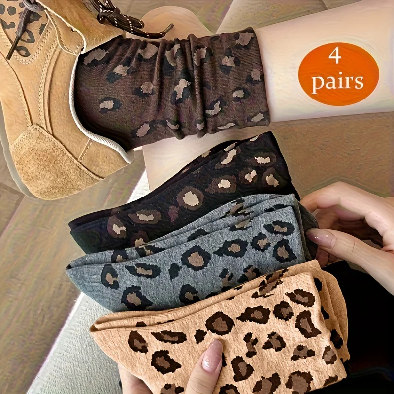5 Pairs Autumn Winter Women'S Socks Ins Trendy Leopard Print Polka Dot Mid-Calf Socks Thickened Boneless Fashion Versatile