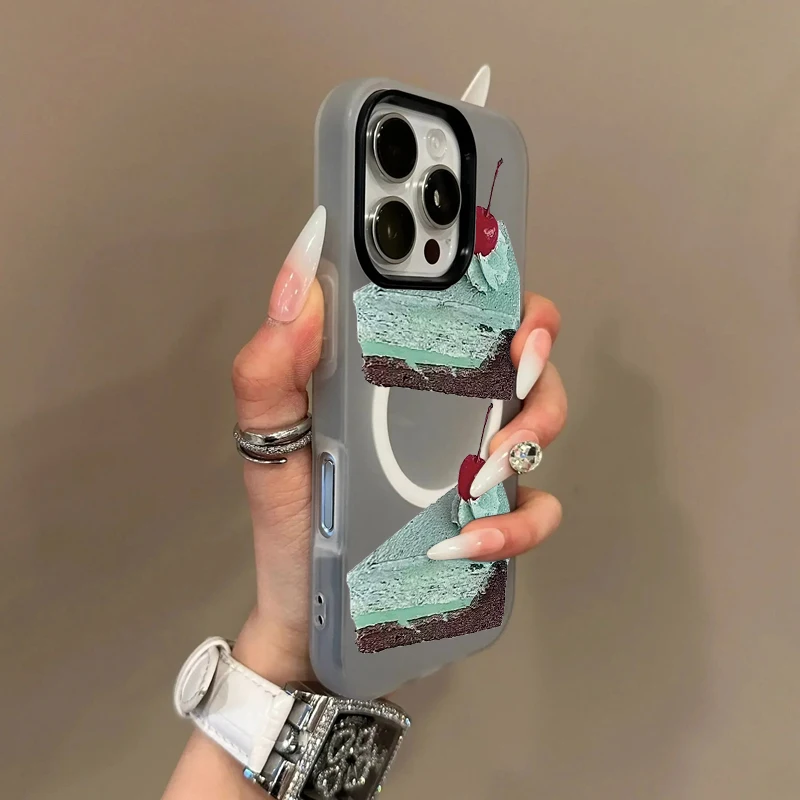 マグネット式シンプルミニマリストグリーン抹茶チョコレートケーキ風iPhone 16/15/14/13/12/11 PROMAX用シリコン製スマホケースカバー